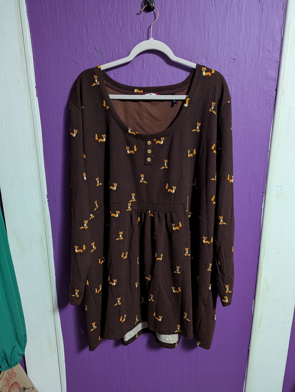 💜 Joe Browns Dark Burgundy Fox Print Babydoll Plush Long Sleeve Tunic Top 5X 28